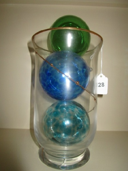 9 1/4" Glass Vase Gilted Rim/Bead Motif w/ Blue Glass Bauble Décor