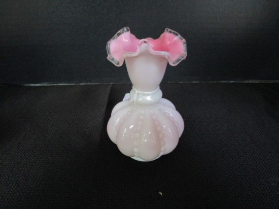 Fenton Pink/Milk Glass White Bud Vase Crimped Rim, Scalloped/Bead Design Body