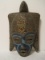 Carved Wooden Aztec Style Face Mask w/ Beaded Inlay & Brass Triangle Mosaic Design