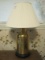 Brass Cylinder Style Table Lamp w/ Pleated Shade & Embossed Oriental Floral Panel Design