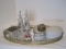 Lot - Oval Dresser Mirror Tray w/ Pierced Gallery, Porcelain Scent Bottles