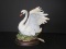 Master Piece Porcelain Swan Stretching Wings Figurine on Wooden Base