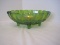 Green Carnival Glass Footed Bowl Fruit Pattern Scalloped Rim