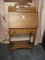 Small Oak Slant Front Writing Desk w/ Fitted Interior Compartments, Beveled Mirror Back