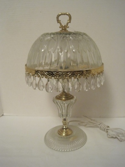 Crystal Boudoir Lamp w/ Frosted Dome Form Shade, Multifaceted Tear Drop Prisms