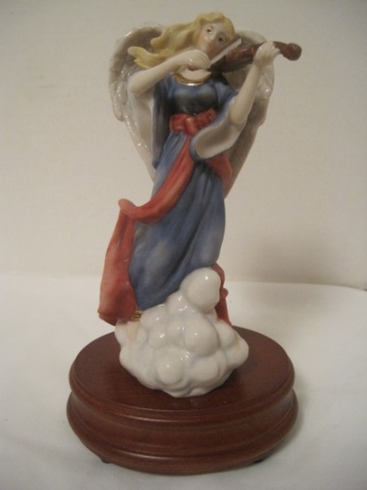 Dillard's Trimming Porcelain Angel Playing Violin Figural Music Box on Wooden Base