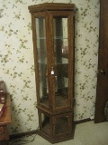 Walnut Finish Lighted Curio w/ Glass Shelves & Brass Finish Drop Pulls