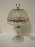 Crystal Boudoir Lamp w/ Frosted Dome Form Shade, Multifaceted Tear Drop Prisms