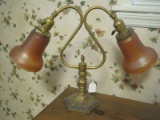 Victorian Era Style Parlor Lamp w/ Double Marigold Carnival Glass Shades