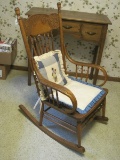 Early Oak Spindle Pressed Back Rocker w/ Curved Arms