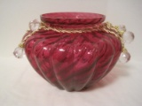 Pilgrim Hand Blown Cranberry Optic Spiral Ribbed Design Vase w/ Tassels