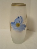 Murano Frosted Glass Vase w/ Hand Painted Blue Flower Gilted Trim