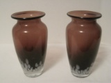 Pair - Amethyst Art Glass Vases Mottled White at Base