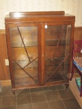 English Oak Curio Cabinet w/ Glass Shelves & Fretwork Design Doors