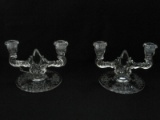 Pair - New Martinsville Depression Glass Etched Meadow Wreath Double Arm Candle Holders