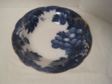 Early Semi-Porcelain Upper Hanley England Flow Blue Bowl Grape Vine Pattern w/ Gilt Accent