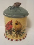 Lenox Winter Greetings Cardinals, Holly & Berries Cookie Jar w/ Pine Cone Finial