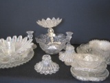 Lot - Misc. Pressed Glass Wexford, Iridescent Ray, Hobstar & Other Patterns Candle Sticks