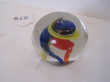 Art Glass Sphere Paper Weight w/ Cobalt, Yellow & Red Spiral Design Polished Base