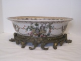 French Inspired Semi-Porcelain Oval Console Bowl Hand Painted Fruit/Floral Swag