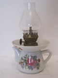 Miniature Teapot Style Floral Spray Transfer Design Oil Lamp w/ Glass Chimney