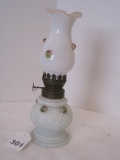 Miniature Milk Glass Oil Lamp w/ Swirl/Beaded Design & Applied Rose Buds