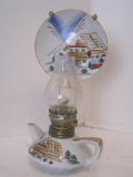 Trimontware Miniature Oil Lamp Teapot Form w/ Plate Hand Painted Cottage Pattern