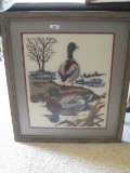 Detailed Needlework Ducks & Pond Landscape Scene in Rustic Frame