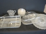 Lot - Pressed Glass Satin Cake Plate Individual Bowls, Creamer