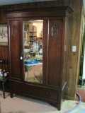 Early Walnut Wardrobe w/ Base Dovetail Drawer, Beveled Mirror Door Pane
