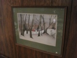 Kids Playing in The Snow Water Color Artist Signed Nancy S. Crews 1968