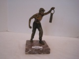 Brass Miner Holding Lantern Statuette on Marble Base