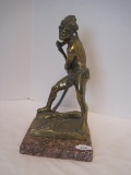 Brass Native American Indian Chief w/ Hiking Stick Statue on Marble Base