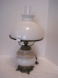 Victorian Era Style Parlor Milk Glass Lamp on Ornate Design Pierced Base