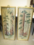 Pair - Oriental Geisha Landscape Background Prints in Gilded Bamboo Style Frames
