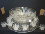 Pressed Glass Hobstar Pattern Punch w/ Underplate & 14 Cups