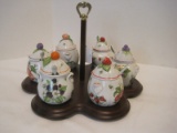6 Lenox China Porcelain Jam Jelly Jars w/ Spoons & Center Handled Server