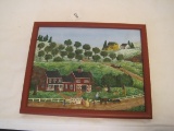 Rural Apple Orchard Farm Scene Acrylic on Canvas in Wood Frame