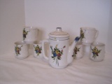 Ceramic Coffee Pot w/ 6 Matching Cups Hand Painted Floral Bouquet Design