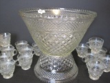 Anchor Hocking Pressed Glass Wexford Pattern Punch Bowl w/ 18 Cups & Pedestal Base