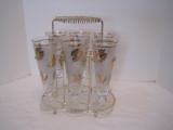 Retro Brass Finish Glass Carrier w/ 6 Footed Glasses Gilt Foliage/Frosted Glass Design