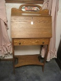 Small Oak Slant Front Writing Desk w/ Fitted Interior Compartments, Beveled Mirror Back