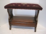 Walnut Prayer Bench w/ Needle Point Floral Upholstered Seat