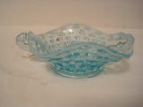 Fenton Blue Opalescent Hobnail Pattern Double Handled Bon-Bon Dish