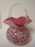 Murano Cristalleria d'Arte Pink Mottled Art Glass Basket w/ Applied Handle Original Sticker