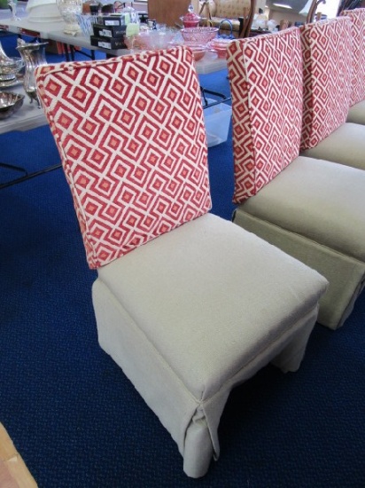 8 Cream Upholstered Wooden Chairs by Art Welling w/ Red/Orange Diamond Pattern Backs, Tapered Legs