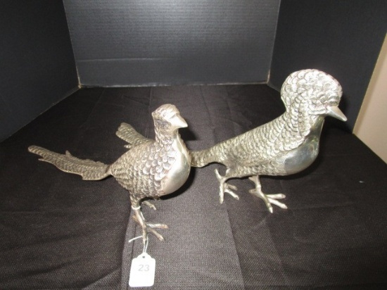 Pair - Lacquered Electroplated Peacocks Cock & Hen
