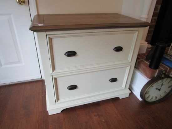 Riverside 2-Drawer Cabinet Black Metal Pulls Carved/Grooved Cream Body w/ Dark Wood Top