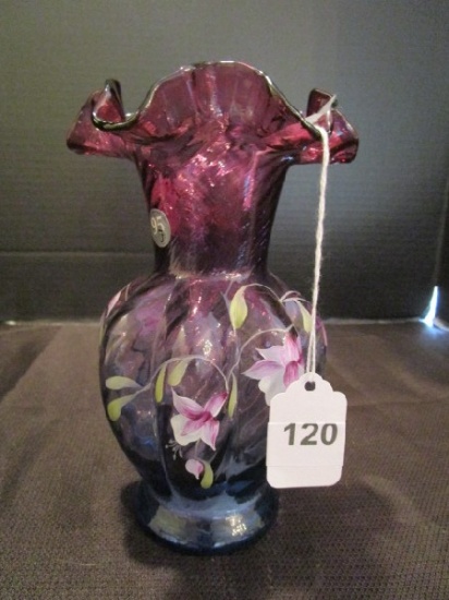 Fenton Art Glass Vase 1905-2005 Lilac-To-Blue Swirl Design Crimped Rim