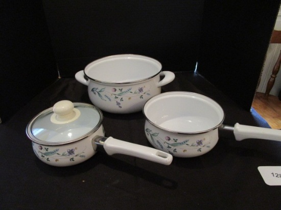 Metal Lot - Floral Motif Casserole w/ Handles, 2 Pots, 1 w/ Lid